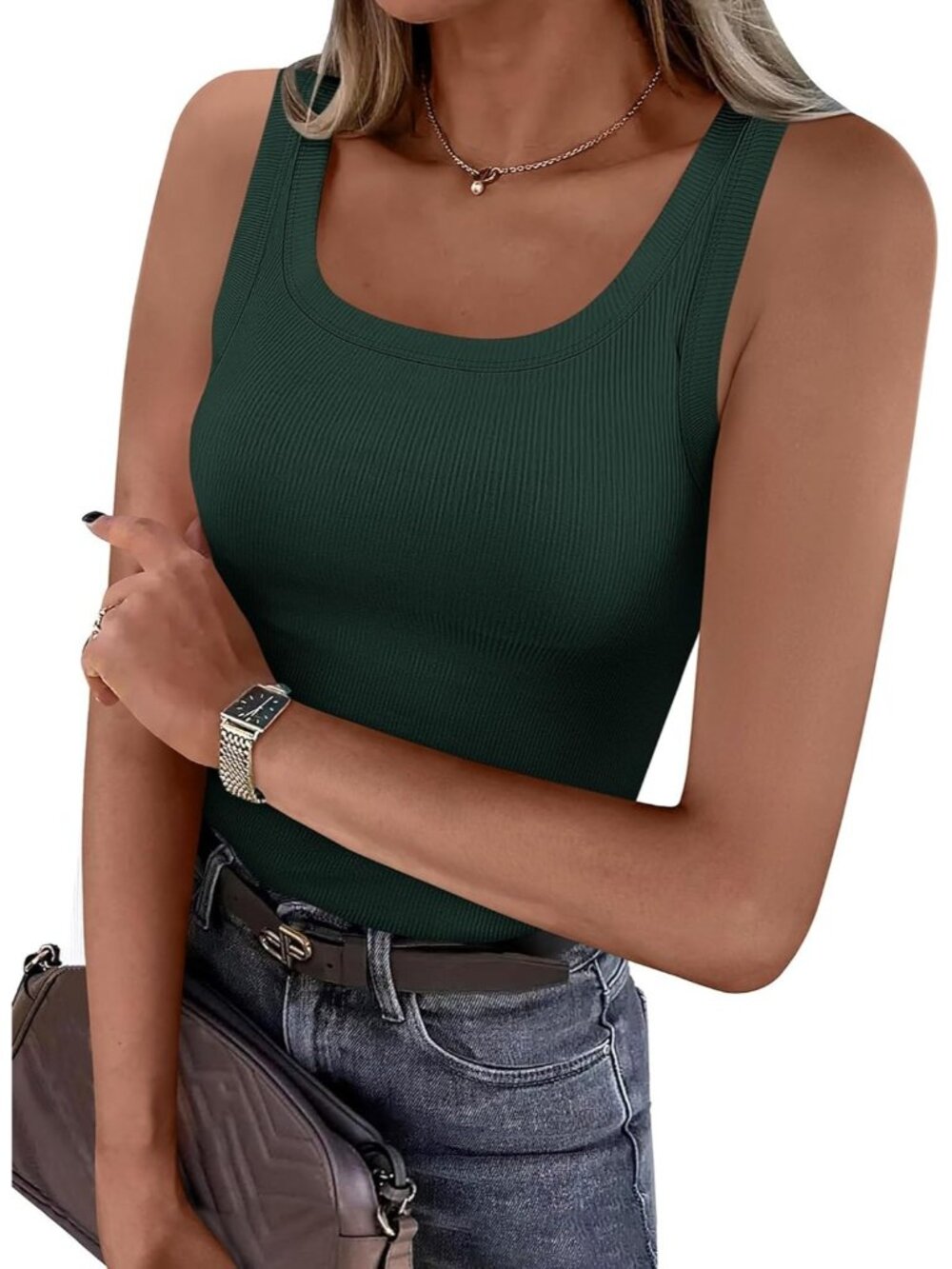 Women's Dark Green Short Sleeveless Square Neck Ribbed Casual Fitted Tank Tops